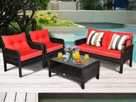 4 Pieces Outdoor Rattan Wicker Loveseat Furniture Set with Cushions-Red Cheap