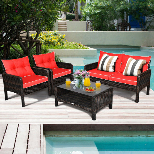 4 Pieces Outdoor Rattan Wicker Loveseat Furniture Set with Cushions-Red Cheap