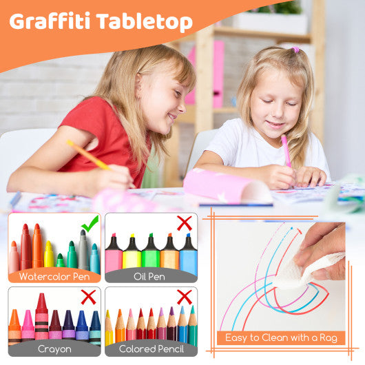 Kids Table and Chairs Set for 4 with Graffiti Desktop-Natural Online Hot Sale