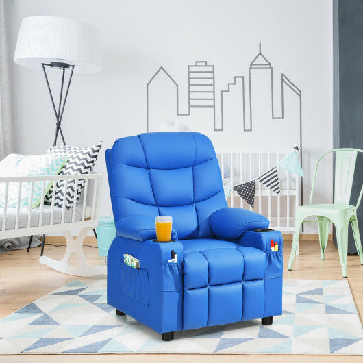 PU Leather Kids Recliner Chair with Cup Holders and Side Pockets-Blue Fashion