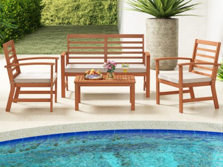 4 Pieces Outdoor Furniture Set with Stable Acacia Wood Frame-Beige For Sale