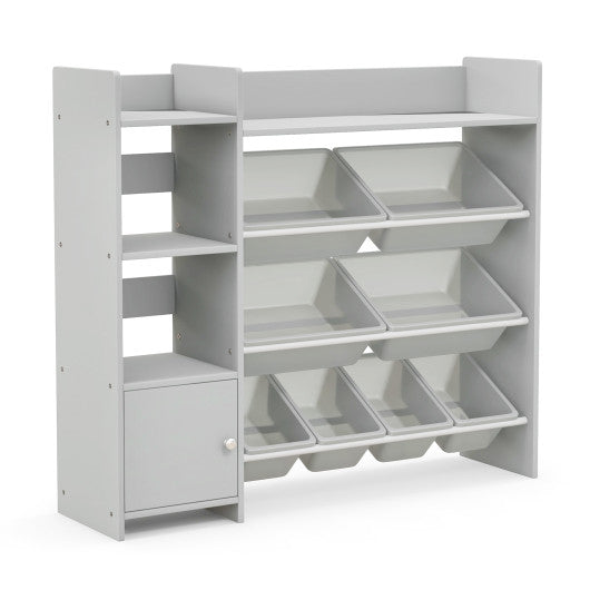 4-Tier Kids Bookshelf and Toy Storage Rack with 8 Toy Organizer Bins-Grey Online Sale