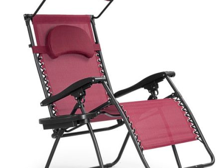 Folding Recliner Lounge Chair with Shade Canopy Cup Holder-Dark Red For Sale