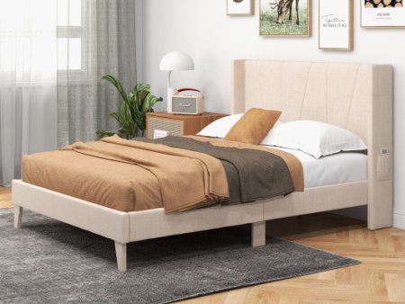 Full Queen Size Upholstered Bed Frame with Geometric Wingback Headboard-Full Size Supply