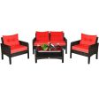 4 Pieces Outdoor Rattan Wicker Loveseat Furniture Set with Cushions-Red Cheap