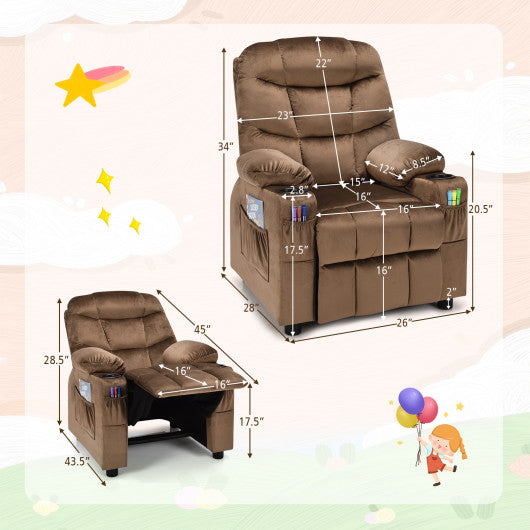 Kids PU Leather Velvet Fabric Kids Recliner Chair with Cup Holders-Light Brown Online Sale