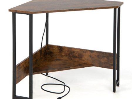 Triangle Computer Corner Desk with Charging Station-Rustic Brown Fashion