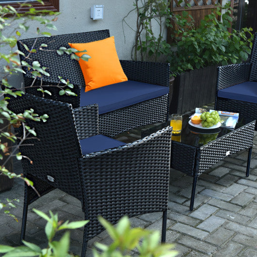 4 Pieces Patio Rattan Cushioned Sofa Set with Tempered Glass Coffee Table-Navy Online