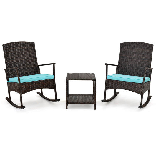 3 Piece Patio Rocking Set Wicker Rocking Chairs with 2-Tier Coffee Table-Turquoise Hot on Sale