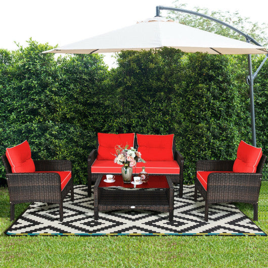 4 Pieces Outdoor Rattan Wicker Loveseat Furniture Set with Cushions-Red Cheap