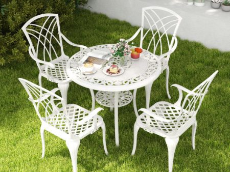 5 Piece Patio Bistro Table Chair Set with Umbrella Hole and Aluminum Frame-White Online now