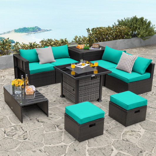 Outdoor 9 Pieces Patio Furniture Set with 50 000 BTU Propane Fire Pit Table-Turquoise Fashion