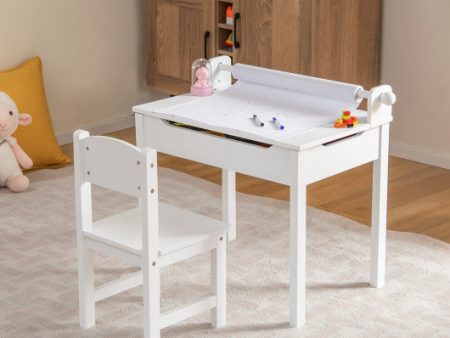 Wooden Kids Table and Chair Set with Storage and Paper Roll Holder-White on Sale