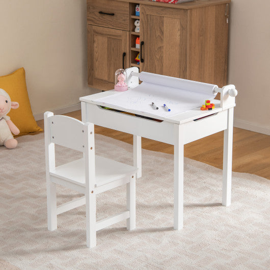 Wooden Kids Table and Chair Set with Storage and Paper Roll Holder-White on Sale