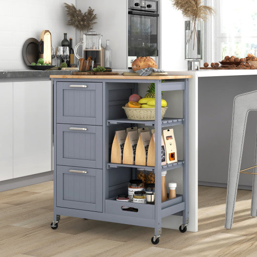 Kitchen Island Cart on Wheels with Rubber Wood Top and 3 Drawersand Removable Tray-Gray Online