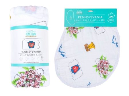 Gift Set: Pennsylvania Baby Muslin Swaddle Blanket and Burp Cloth Bib Combo by Little Hometown Sale