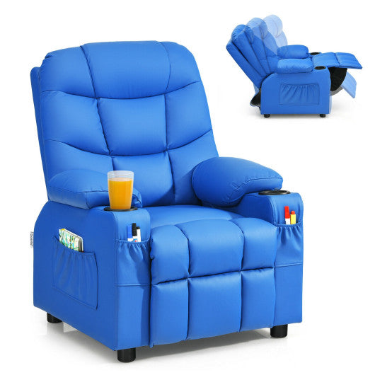 PU Leather Kids Recliner Chair with Cup Holders and Side Pockets-Blue Fashion