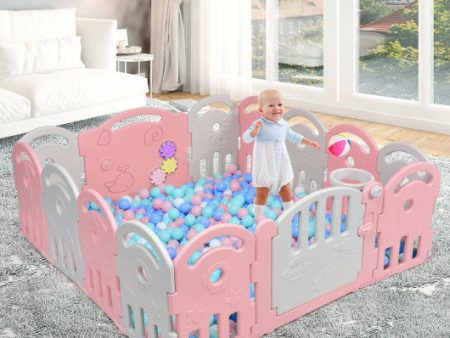 14-Panel Baby Playpen with Music Box & Basketball Hoop-Pink For Discount