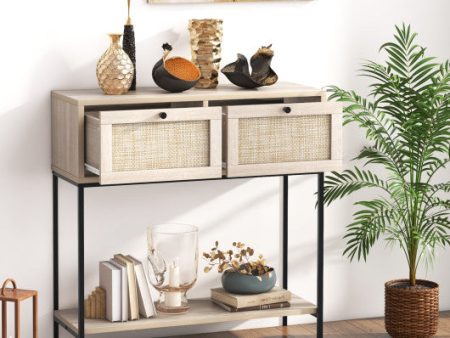 Rattan Console Table Boho Entryway Table with 2 Rattan Drawers and Open Storage Shelf-Oak Fashion