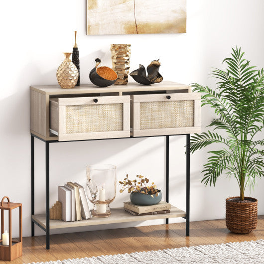 Rattan Console Table Boho Entryway Table with 2 Rattan Drawers and Open Storage Shelf-Oak Fashion