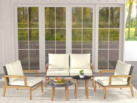 5 Piece Rattan Furniture Set Wicker Woven Sofa Set with 2 Tempered Glass Coffee Tables-Off White For Discount