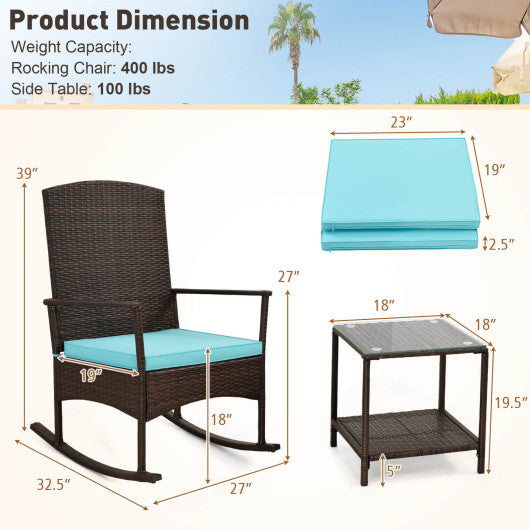 3 Piece Patio Rocking Set Wicker Rocking Chairs with 2-Tier Coffee Table-Turquoise Hot on Sale