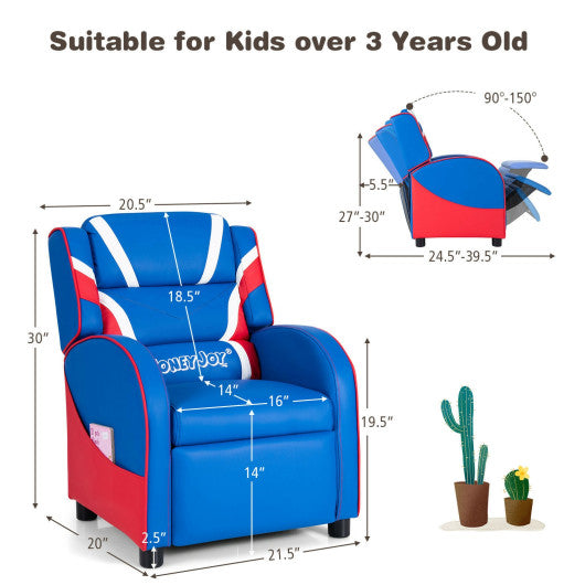 Kids Leather Recliner Chair with Side Pockets-Blue Fashion