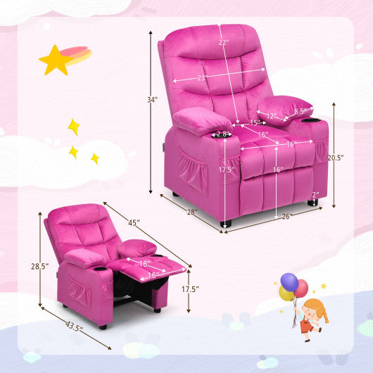 Kids PU Leather Velvet Fabric Kids Recliner Chair with Cup Holders-Pink Online Hot Sale