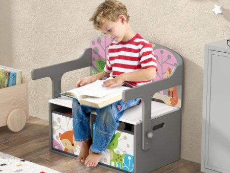 3 in 1 Kids Convertible Activity Bench with 2 Removable Fabric Bins-Gray Online Sale