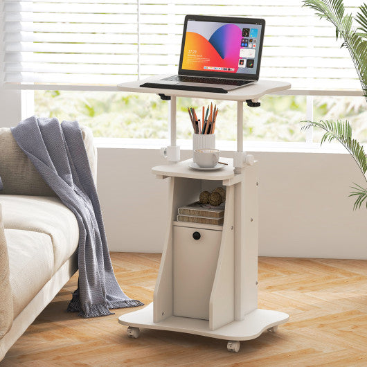 Adjustable Mobile Standing Desk Cart with Tilt Desktop and Cabinet-White Online Sale