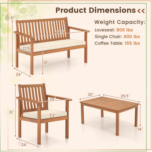 4 Piece Patio Wood Furniture Set Acacia Wood Sofa Set with Loveseat-Off White For Discount