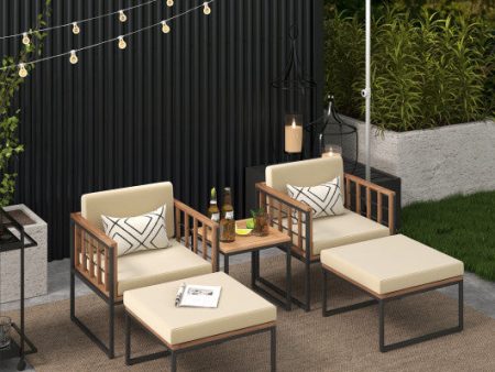 5 Piece Outdoor Furniture Set Acacia Wood Chair Set with Ottomans and Coffee Table-Beige Fashion