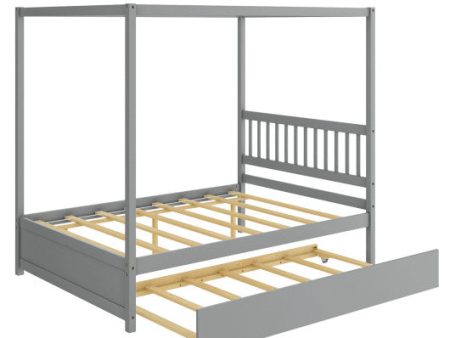 Full Size Canopy Bed with Trundle Wooden Platform Bed Frame Headboard-Gray Discount