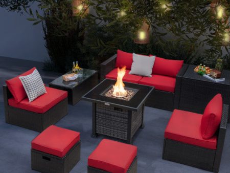 Outdoor 9 Pieces Patio Furniture Set with 50 000 BTU Propane Fire Pit Table-Red For Discount