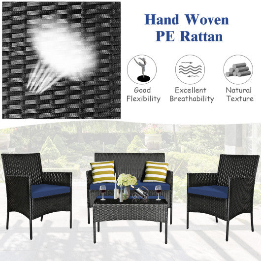 4 Pieces Patio Rattan Cushioned Sofa Set with Tempered Glass Coffee Table-Navy Online