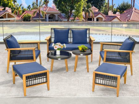 7 Piece Outdoor Conversation Set with Stable Acacia Wood Frame Cozy Seat & Back Cushions-Navy For Sale