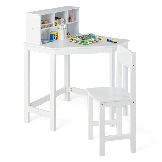 Kids Wooden Corner Desk and Chair Set with Hutch and Storage-White Online now