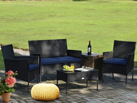 4 Pieces Patio Rattan Cushioned Sofa Set with Tempered Glass Coffee Table-Navy Online