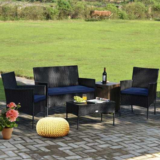 4 Pieces Patio Rattan Cushioned Sofa Set with Tempered Glass Coffee Table-Navy Online