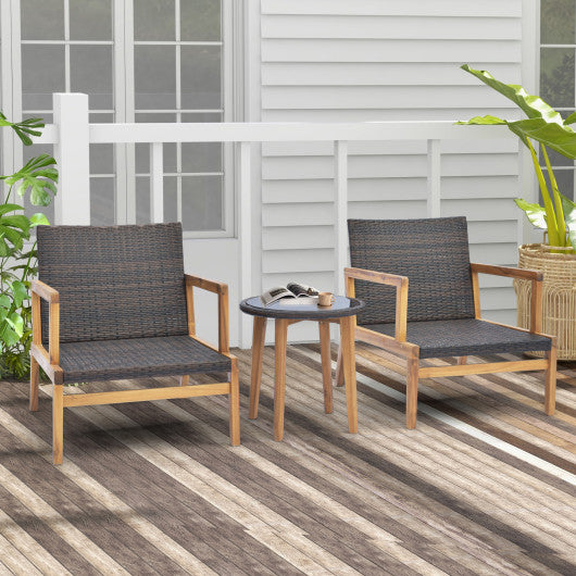 3 Pieces Patio Furniture Set with Cushioned Chairs and Tempered Glass Side Table-Brown Fashion