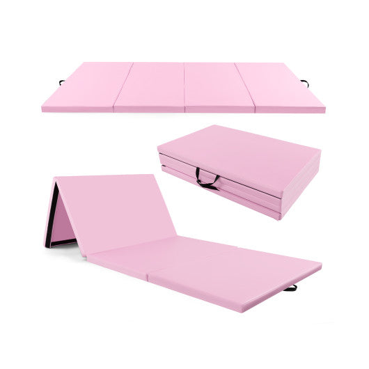 4-Panel PU Leather Folding Exercise Mat with Carrying Handles-Pink For Sale