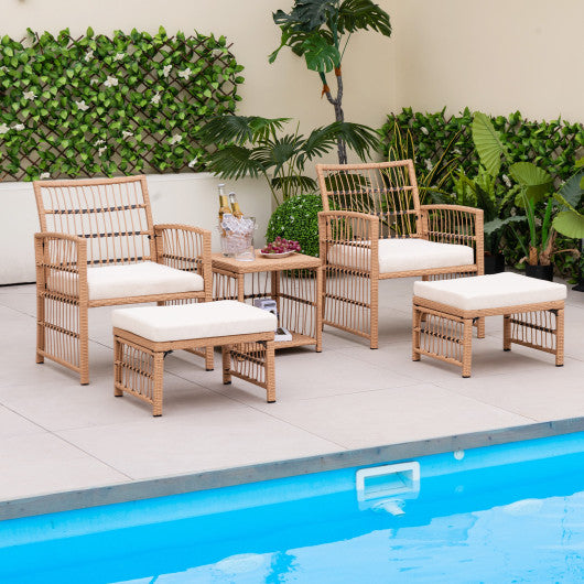 5 Piece Patio Wicker Sofa Set with Seat and Back Cushions-Natural Fashion