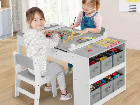 2-in-1 Kids Wooden Art Table and Art Easel Set with Chairs Storage Bins Paper Roll-Gray Cheap