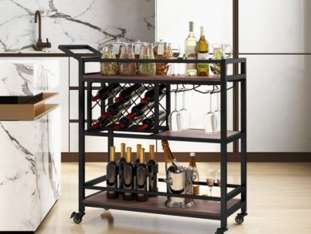 3-tier Bar Cart on Wheels Home Kitchen Serving Cart with Wine Rack and Glasses Holder-Brown Sale