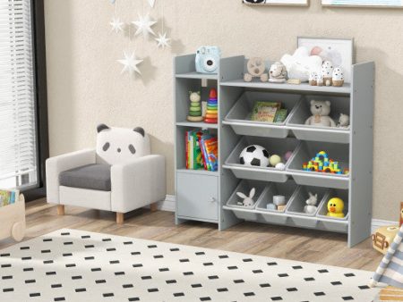 4-Tier Kids Bookshelf and Toy Storage Rack with 8 Toy Organizer Bins-Grey Online Sale