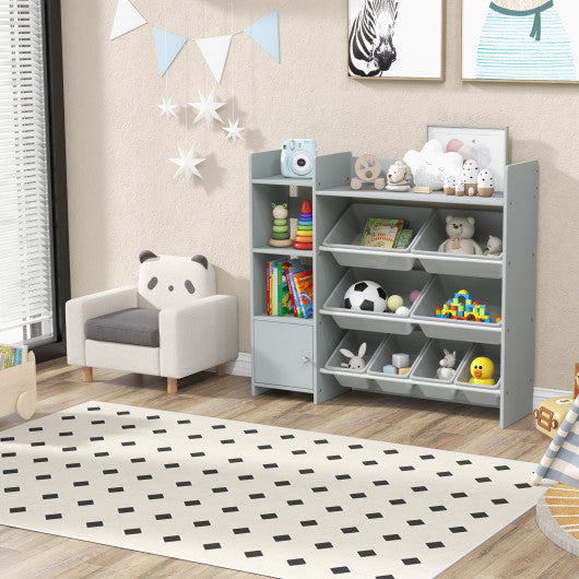 4-Tier Kids Bookshelf and Toy Storage Rack with 8 Toy Organizer Bins-Grey Online Sale