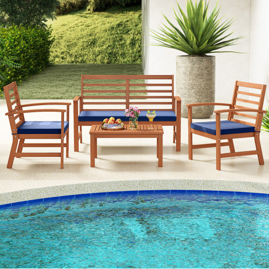 4 Pieces Outdoor Furniture Set with Stable Acacia Wood Frame-Navy Online now