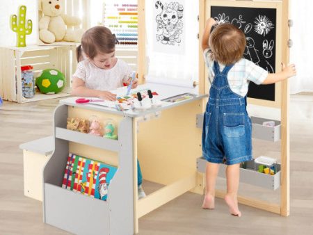 Kids Art Center Wooden Table Bench Set-Gray Fashion