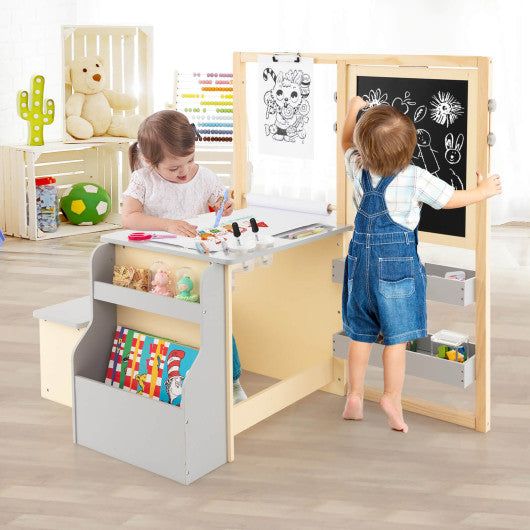 Kids Art Center Wooden Table Bench Set-Gray Fashion