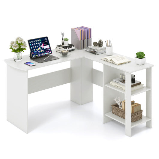 Large Modern L-shaped Computer Desk with 2 Cable Holes and 2 Storage Shelves-White Fashion